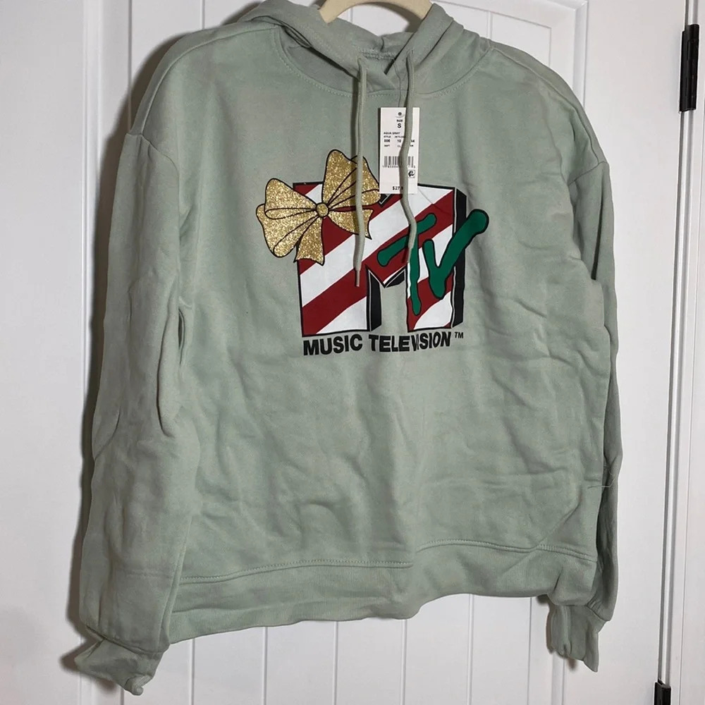 MTV Music Television Womens Hoodie Christmas Holiday Novelty Aqua Gray